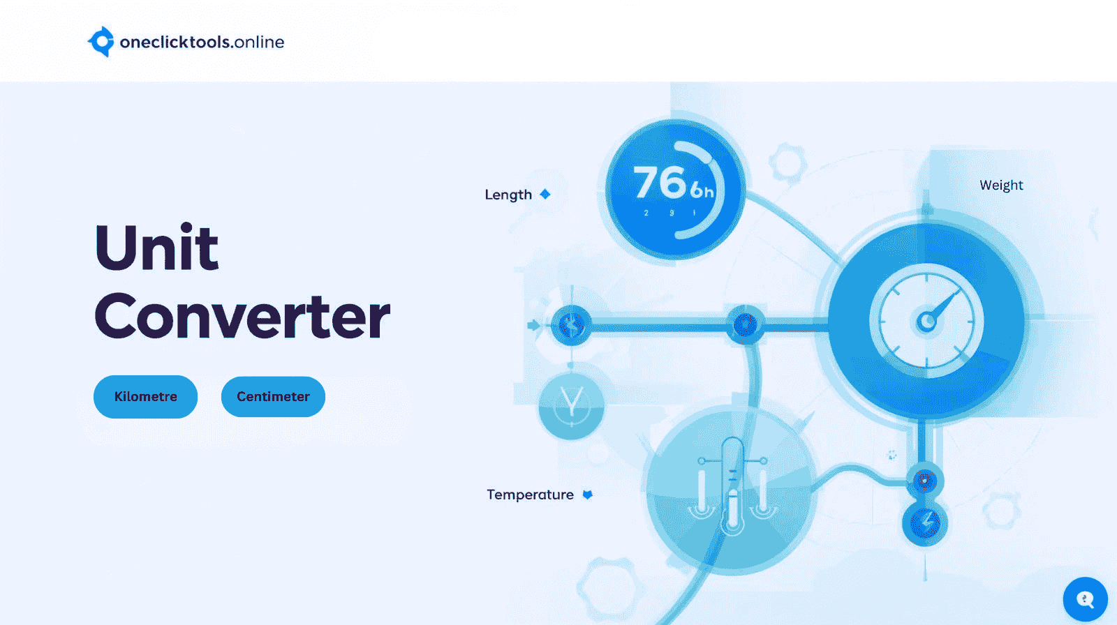 A blue futuristic graphic for a 'Unit Converter' from oneclicktools.online, showing icons for length, temperature, and weight.